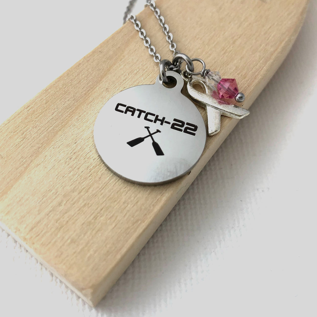 Breast cancer ribbon catch-22 ribbon necklace, paddle necklace