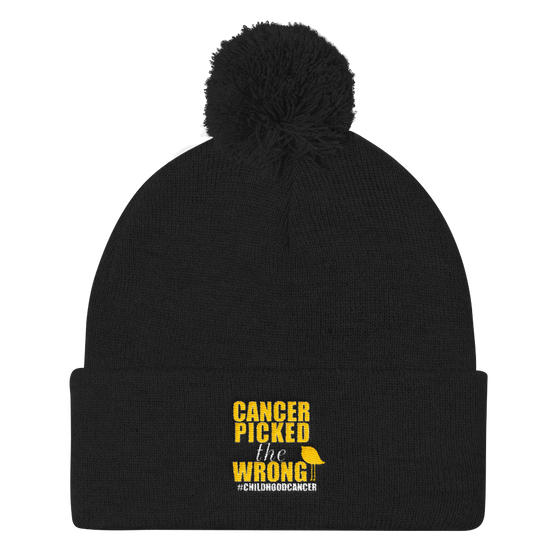 Childhood Cancer Picked the Wrong Chick Pom Pom Knit Cap by Bling Chicks - Bling Chicks Jewelry Accessories Gifts