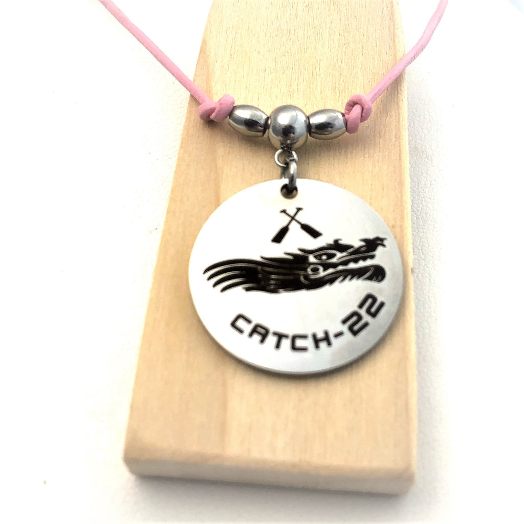 Catch-22 dragon boat racking team custom necklace for breast cancer survivors, team fundraising partnership jewelry, custom name jewelry for your team, paddle boat racing team jewelry, partner with Bling Chicks for fundraiser custom jewelry,  