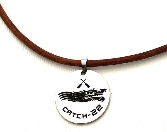 Custom Team name jewelry, Dragon Boat Racing Team - Men's & Women's Unisex BROWN Leather Necklace Cord, catch-22 leather necklace, stainless steel dragon necklace, paddle board leather necklace cord