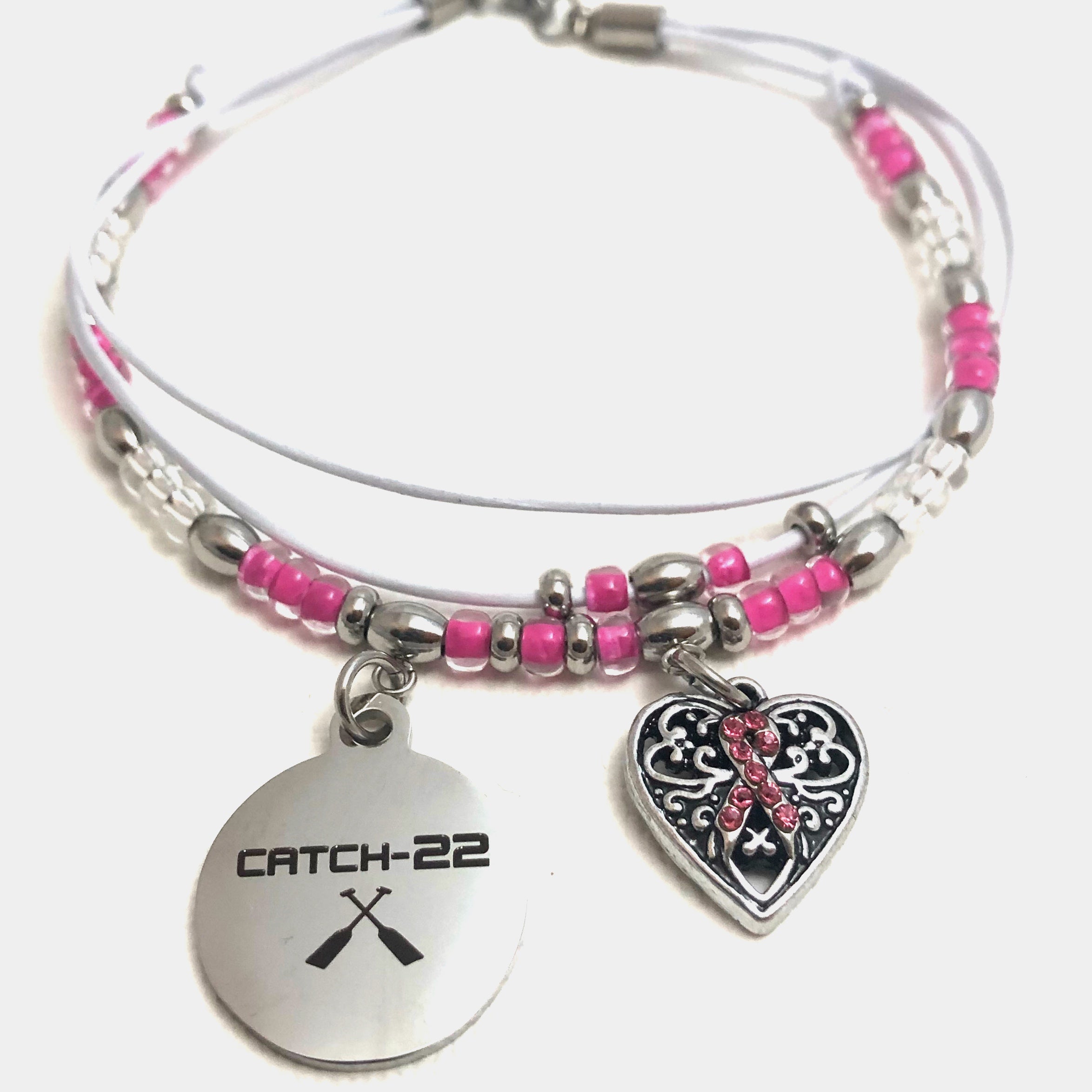 Breast Cancer Survivor Pink Charms Bracelet Leather Sterling