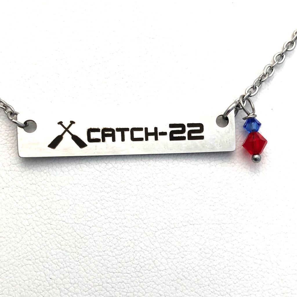 Catch-22 Dragon Boat racing team custom jewelry, bar necklace for Catch-22 paddles with personalized team name, custom dragon boat racing team jewelry, dragon boat custom jewellry, personalized necklace, paddle board custom necklace for team fundraiser, 501c fundraising custom team jewelry for dragon boat racing, partner with Bling Chick for your fundraisers in making custom jewelry for your 501c-team, paddle boat necklace, custom paddle boat necklace