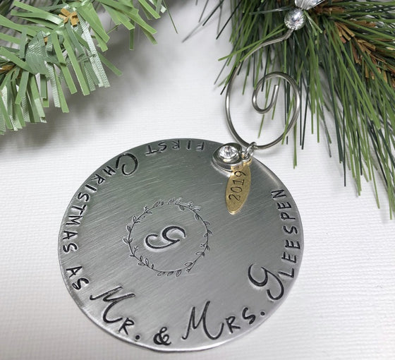 "First Christmas as Mr. & Mrs" Hand Stamped Ornament by Bling Chicks