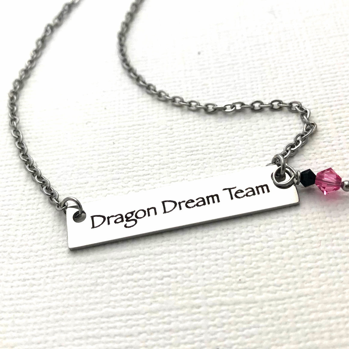 Dragon Dream Team Custom Necklace bar necklace, stainless steel necklace with crystals, Competition sport team jewelry, water sport jewelry, competition dragon boat jewelry, competition sport team jewelry, jewelry for competition, paddle boat racing, water racing sport jewelry, team name jewelry,