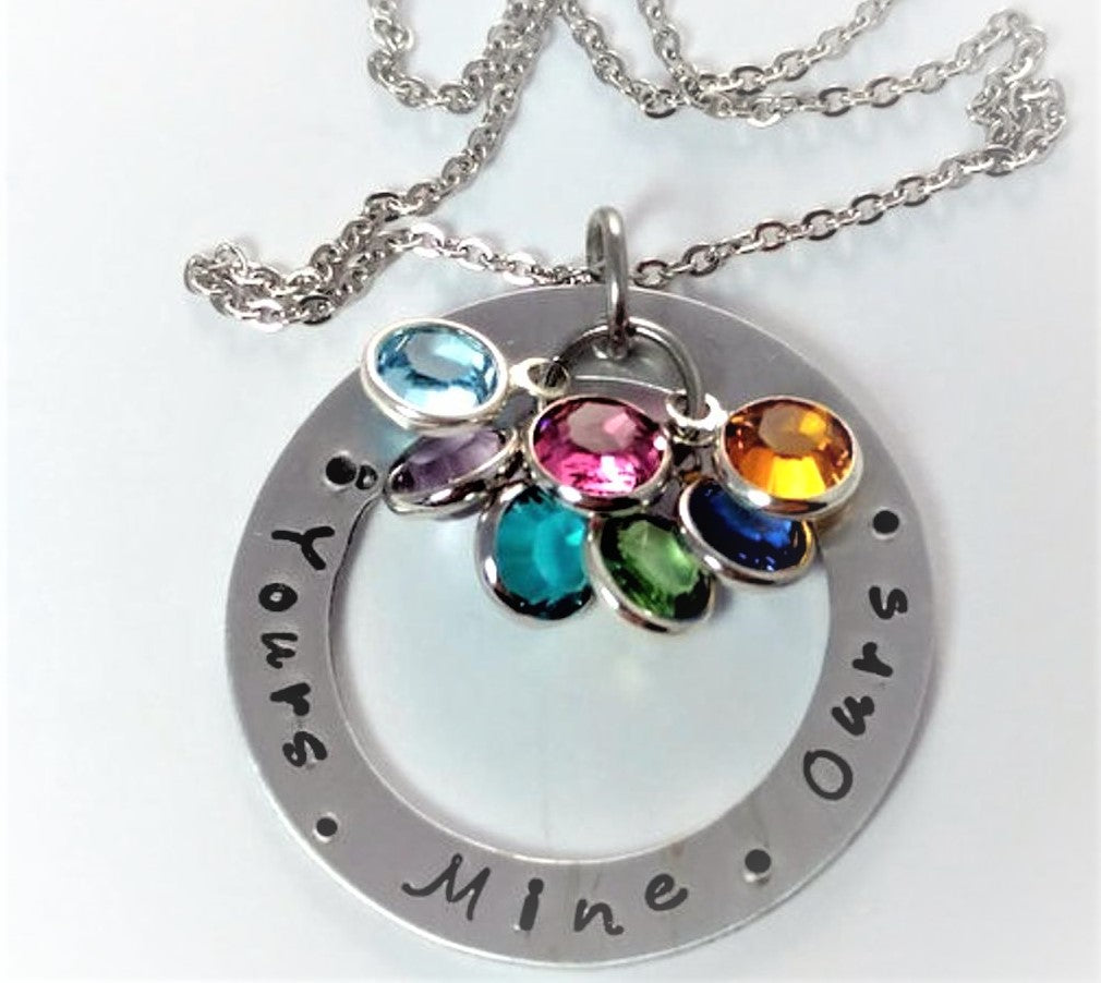 Family Necklace birthstones, yours mine ours necklace, hypoallergenic jewelry, necklace for mom, stepmom necklace,  