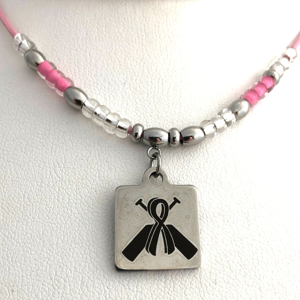 Pink Leather Awareness Ribbon Paddle Necklace