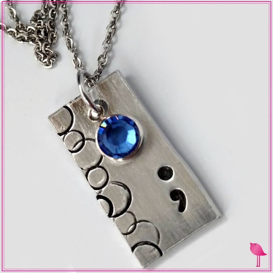 Semicolon Rectangle Bling Chicks Necklace with Blue Crystal - Bling Chicks Jewelry Accessories Gifts
