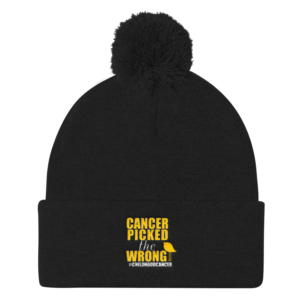 Childhood Cancer Picked the Wrong Chick Pom Pom Knit Cap by Bling Chicks - Bling Chicks Jewelry Accessories Gifts